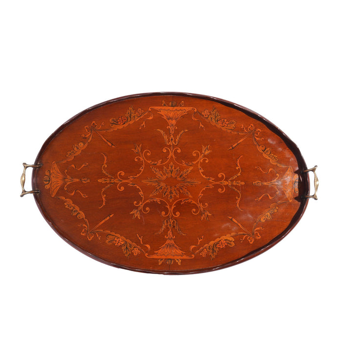 English mahogany oval inlaid serving tray with scalloped gallery (c. 1800's)