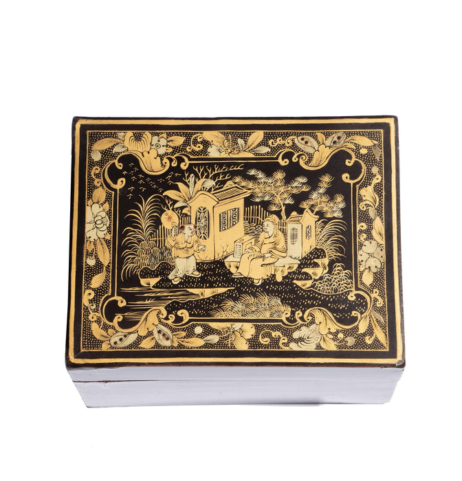 Chinese Export Black Lacquered Box With Gilt Tracery Lid Decoration, c. 1800-20