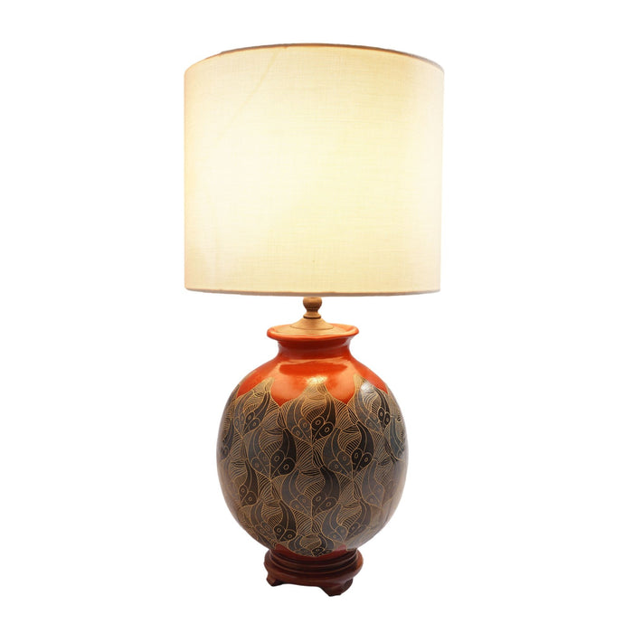 Terra cotta vase lamp with Escher-style surface designs by Vladimir Norori (c. 1950)