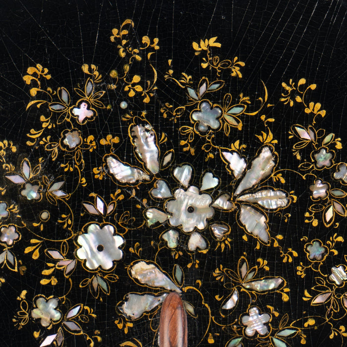 English paper mache face screen with inset abalone (c. 1830-40)