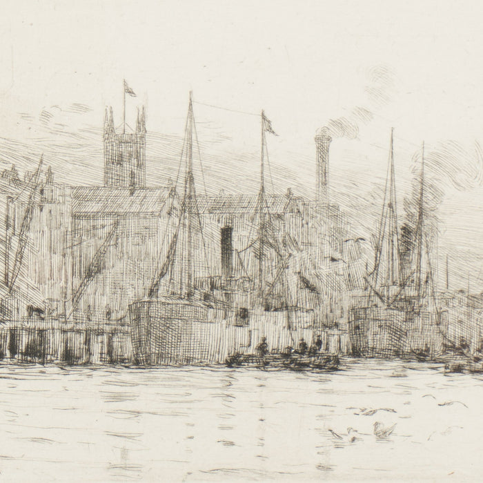 Engraving of London on the Thames River from the Docklands by Rowland Langmaid (1926)