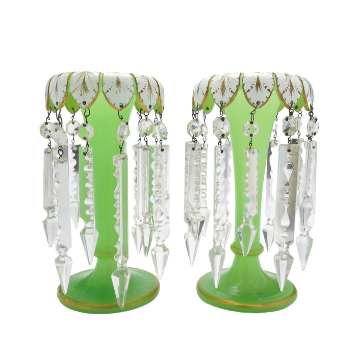 Pair of English Regency trumpet form glass garniture vases with lusters (c. 1830)