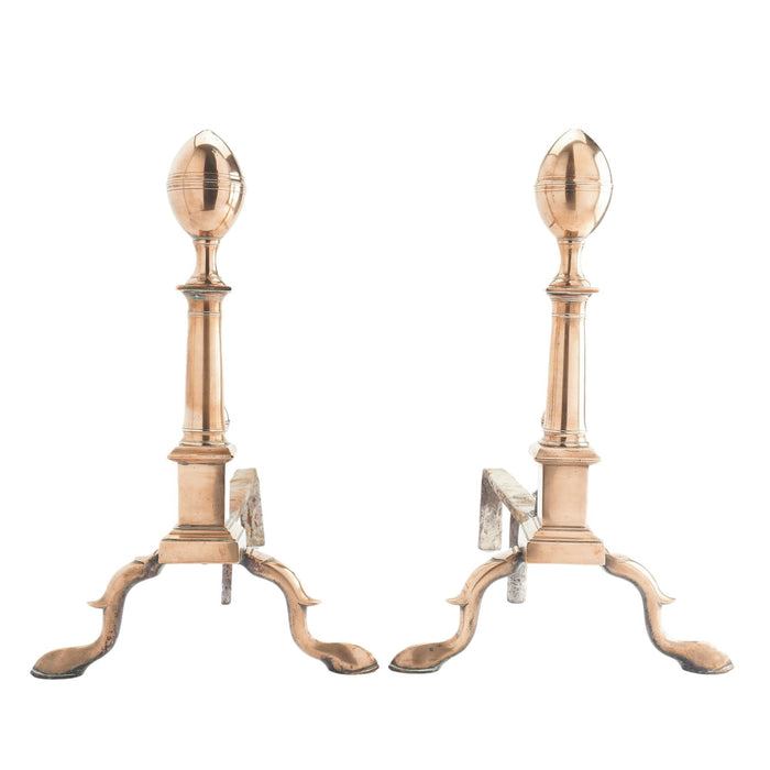 Boston bell metal lemon top andirons with matching fire tools (c. 1790)