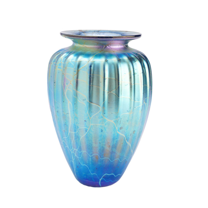 Iridescent blue blown glass vase by Mayauel Ward (2015)