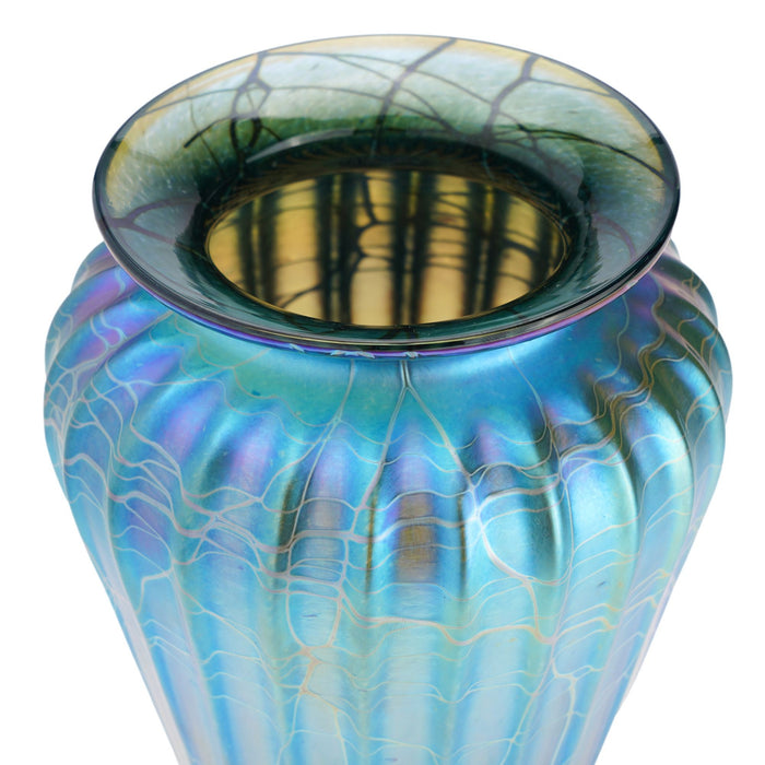Contemporary iridescent blue blown glass vase by Mayauel Ward (2015)