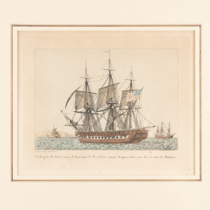 Pair of colored engravings of American ships under sail by Jean-Jerome Baugean (c. 1840)