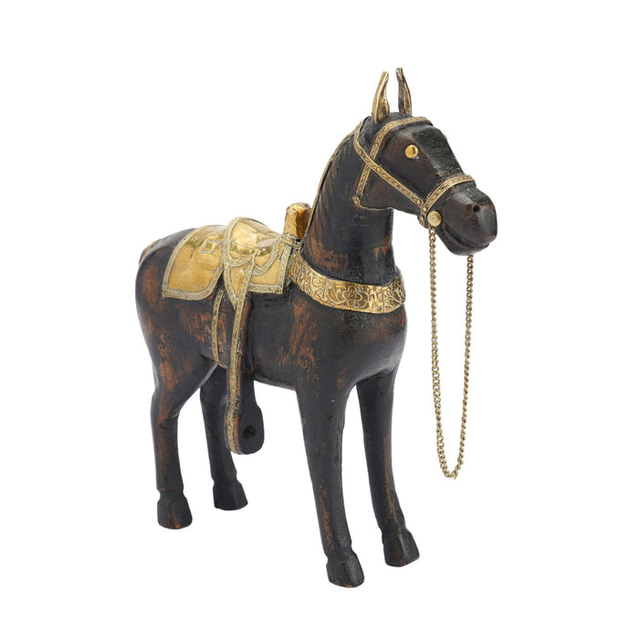 Anglo-Indian carved mango wood Marwari war horse figurine with brass saddle and equipage (1800's)