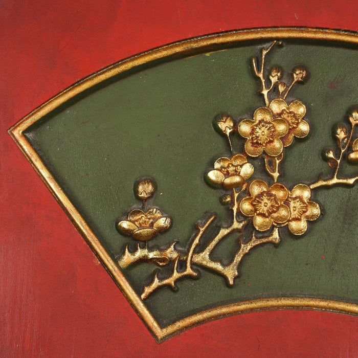 Chinese rectangular wood panel displaying shallow carved and gilt cartouche (1800's)