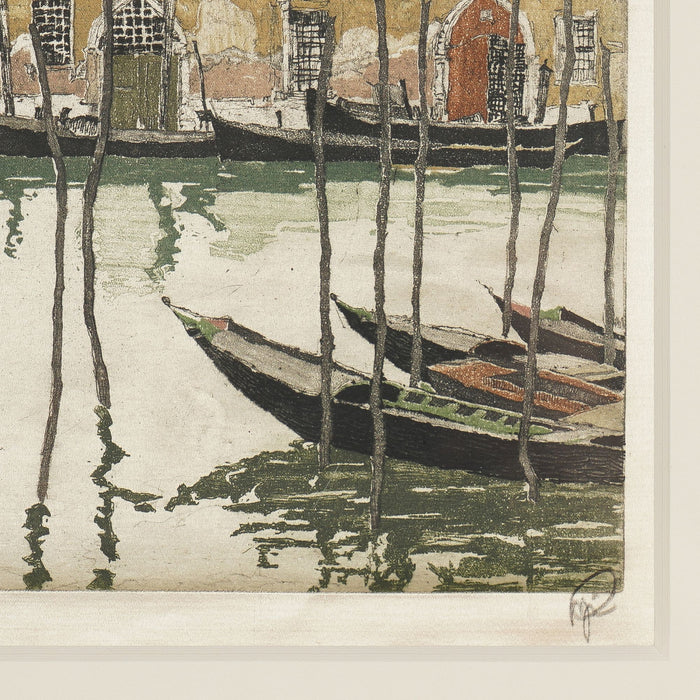 Hand colored etching of a Venetian canal with gondolas by Hans Figura (c. 1924)