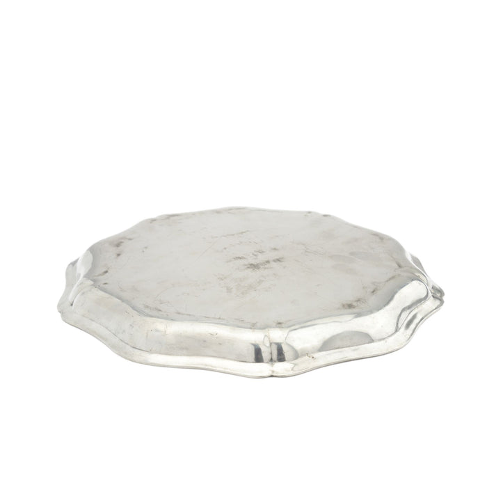 French Rococo style scolloped edge circular tray by Etain Fin, c. 1950