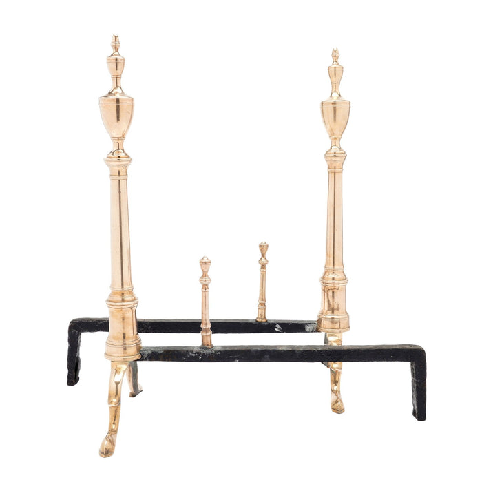 Pair of Philadelphia bell metal andirons with paired fire tools (c. 1790)