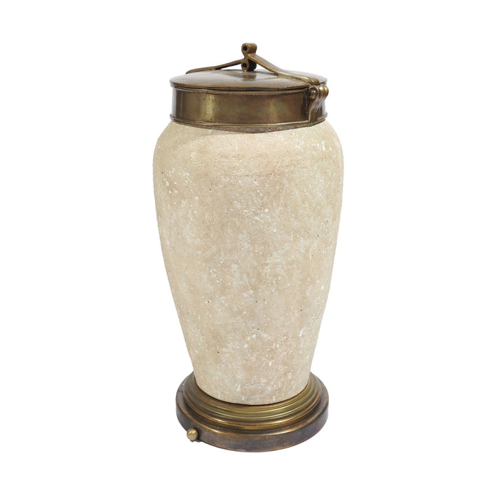 Tall ceramic jar with oxidized brass lid and base (c. 1900's)