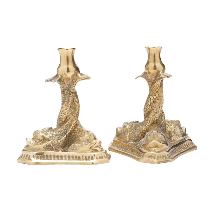 Pair of Italian brass candlesticks with three entwined fish (c. 1880-1900)