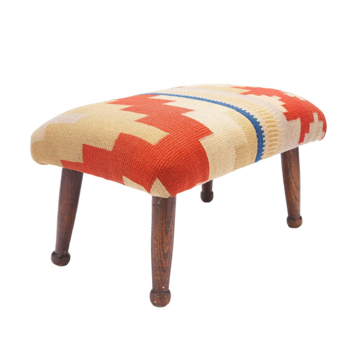 English upholstered footstool on turned oak legs (c. 1850-1900)