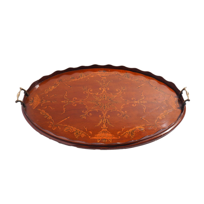 English mahogany oval inlaid serving tray with scalloped gallery (c. 1800's)