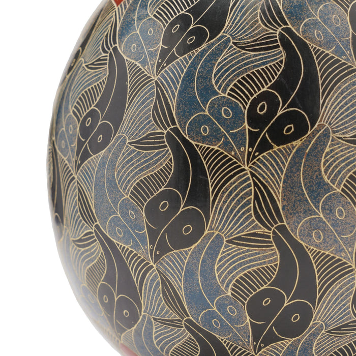 Terra cotta vase lamp with Escher-style surface designs by Vladimir Norori (c. 1950)