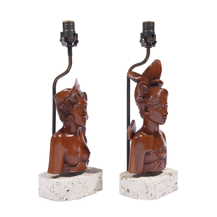 Pair of Balinese carved bust lamps mounted on cut coral bases (c. 1920-40)