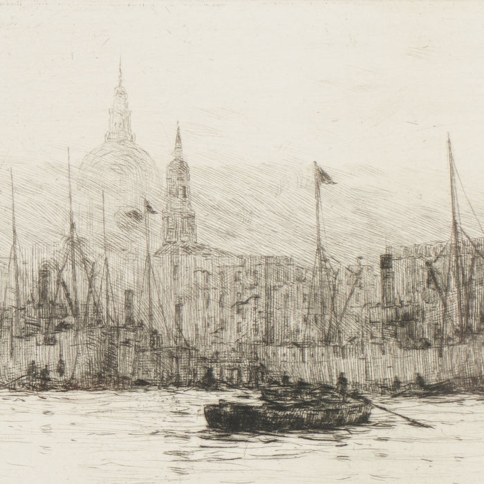 Engraving of London on the Thames River from the Docklands by Rowland Langmaid (1926)