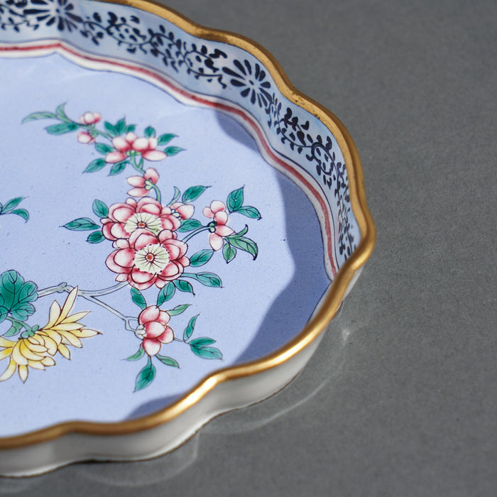 Chinese enameled pin tray decorated with mums & cherry blossoms (1950's)