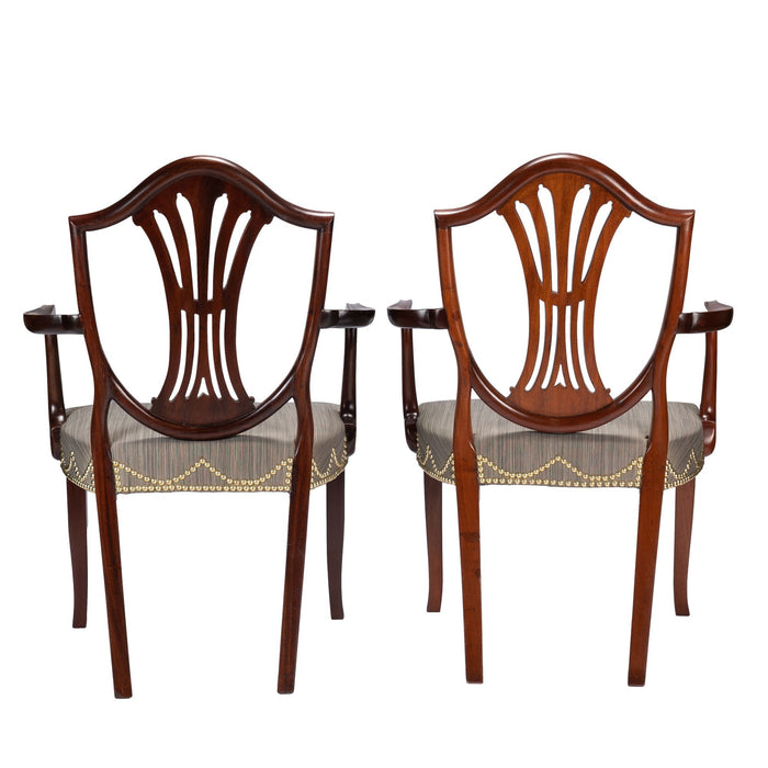 Pair of English Sheraton mahogany shield back armchairs (c. 1790)