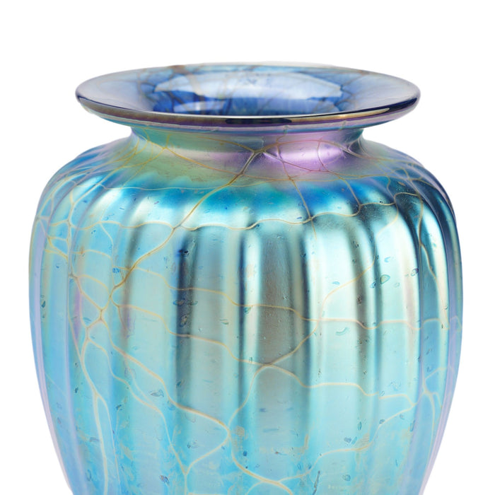 Iridescent blue blown glass vase by Mayauel Ward (2015)