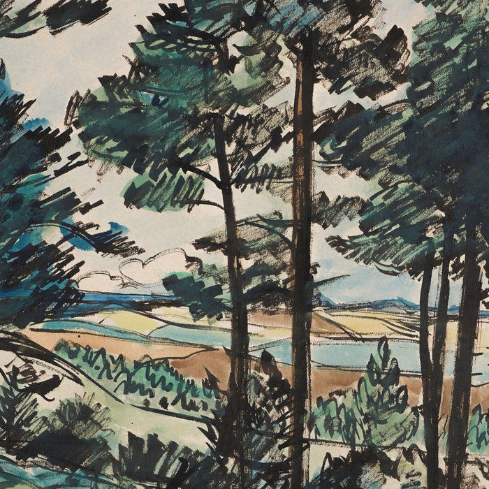 Danish watercolor landscape of a pine forest by Leo Estvad (c. 1930)