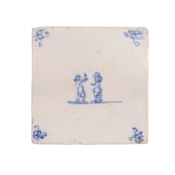 Pair of Delft double figure faience tiles in cobalt blue (c. 1600’s)