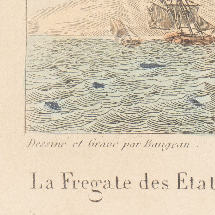 Pair of colored engravings of American ships under sail by Jean-Jerome Baugean (c. 1840)