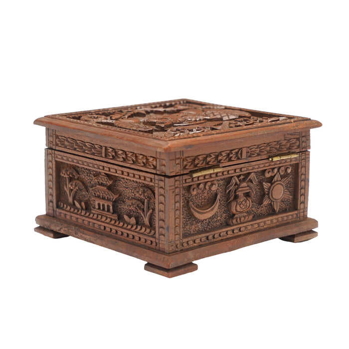 Hand carved Nepalese wood box with hinged lid (c. 1900-50)