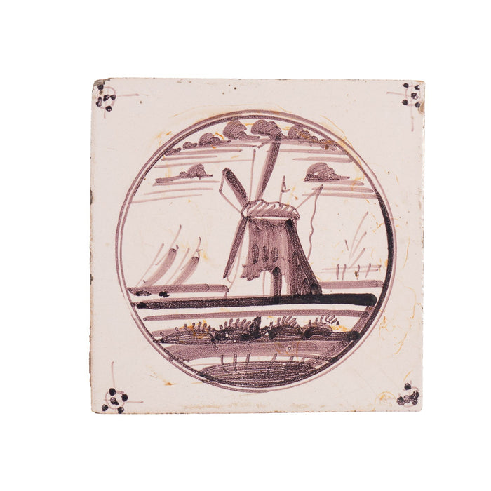 Set of 5 mulberry landscape Delft faience tiles (c. 1680-1720)