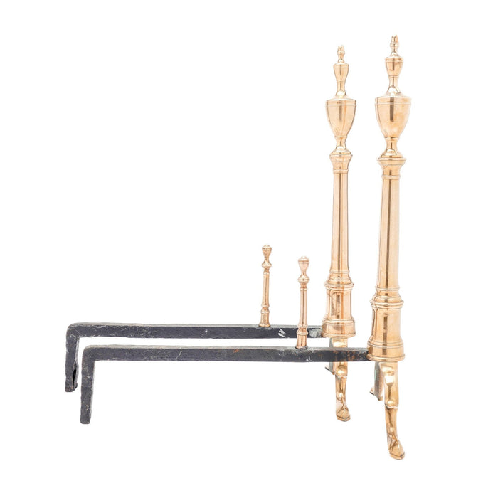 Pair of Philadelphia bell metal andirons with paired fire tools (c. 1790)