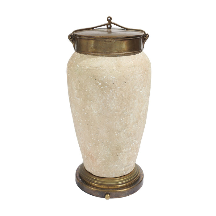 Tall ceramic jar with oxidized brass lid and base (c. 1900's)