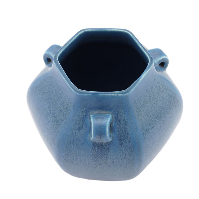 Hexagonal ceramic vase in a blue matte glaze by Rookwood (1930)