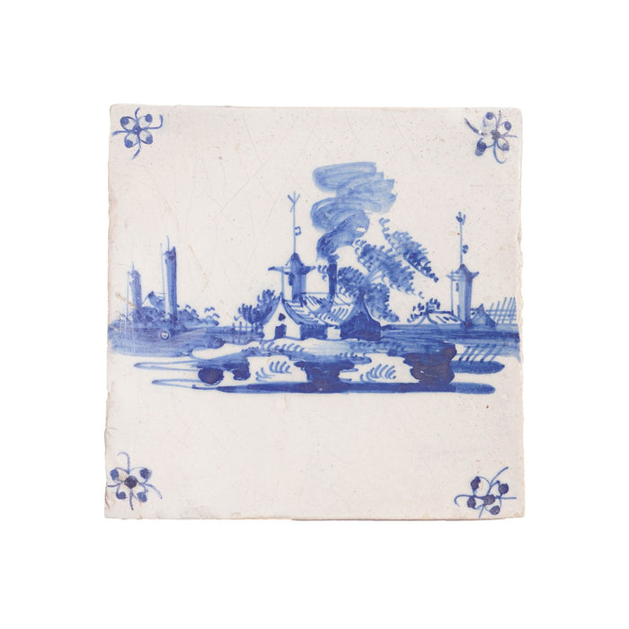 Set of 3 Delft faience tiles with architectural landscapes (c. 1700)