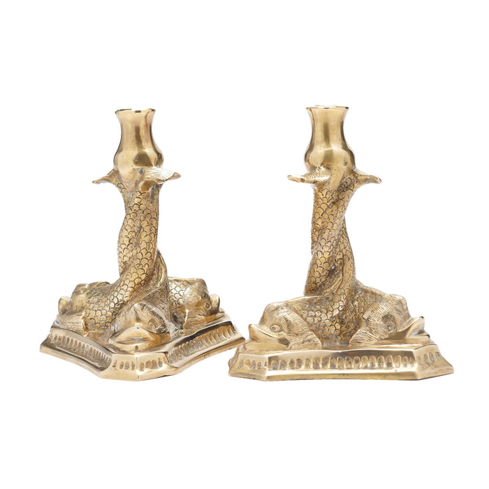 Pair of Italian brass candlesticks with three entwined fish (c. 1880-1900)