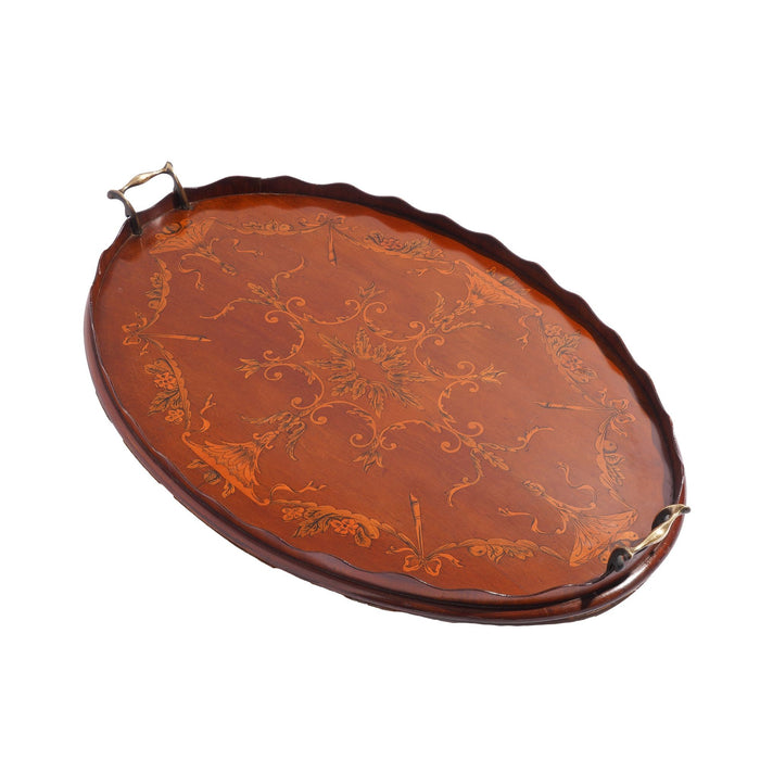 English mahogany oval inlaid serving tray with scalloped gallery (c. 1800's)
