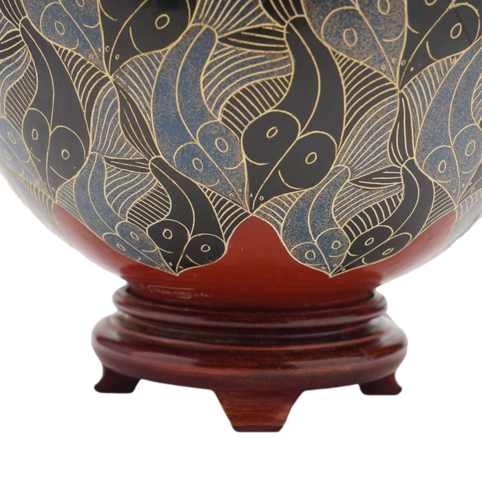 Terra cotta vase lamp with Escher-style surface designs by Vladimir Norori (c. 1950)