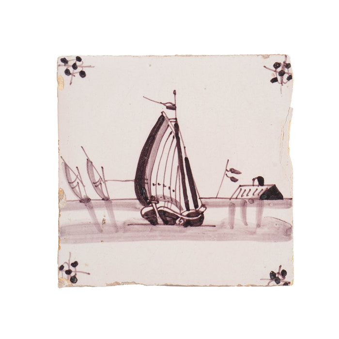 Pair of mulberry faience tiles of sailing vessels (c. 1700's)