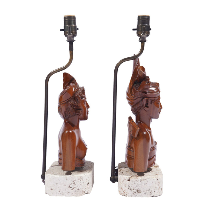 Pair of Balinese carved bust lamps mounted on cut coral bases (c. 1920-40)