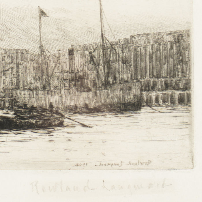 Engraving of London on the Thames River from the Docklands by Rowland Langmaid (1926)