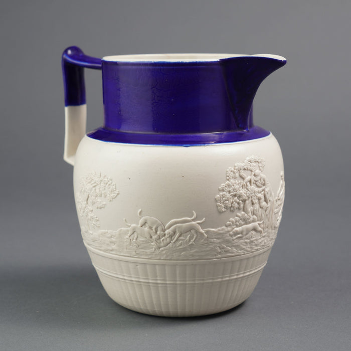 English stoneware hunt jug with cobalt detail (c. 1800)