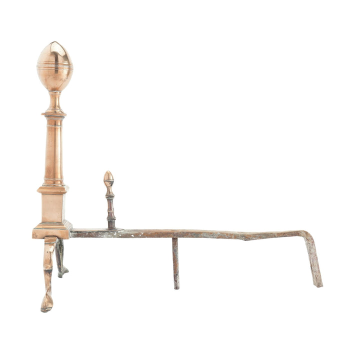 Boston bell metal lemon top andirons with matching fire tools (c. 1790)