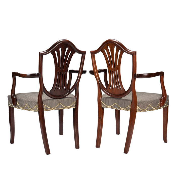 Pair of English Sheraton mahogany shield back armchairs (c. 1790)