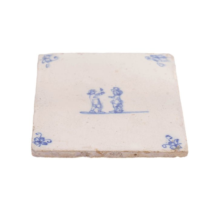Pair of Delft double figure faience tiles in cobalt blue (c. 1600’s)