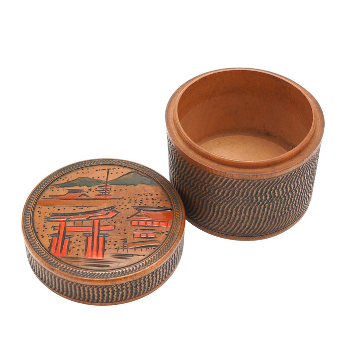 Japanese carved wood cylinder tea box (c. 1920)