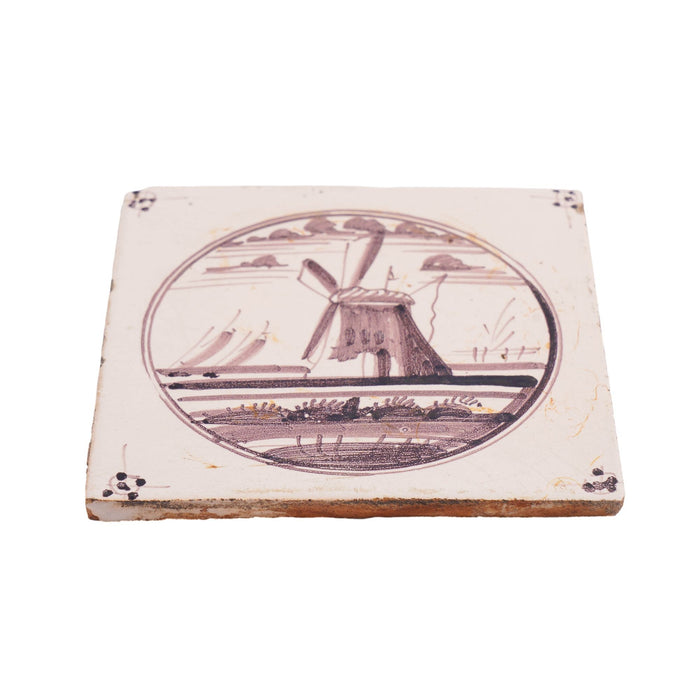 Set of 5 mulberry landscape Delft faience tiles (c. 1680-1720)