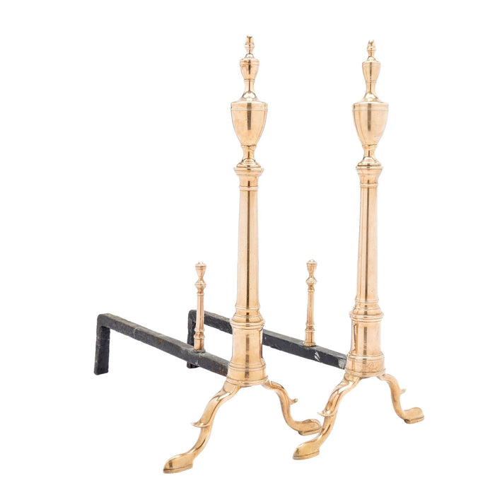 Pair of Philadelphia bell metal andirons with paired fire tools (c. 1790)