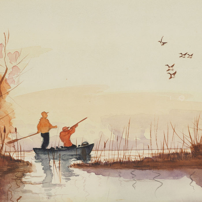 Watercolor of duck hunters on a punt by W.R. Sundholm