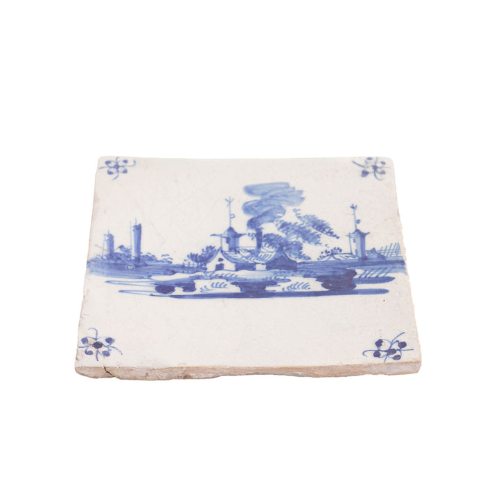 Set of 3 Delft faience tiles with architectural landscapes (c. 1700)