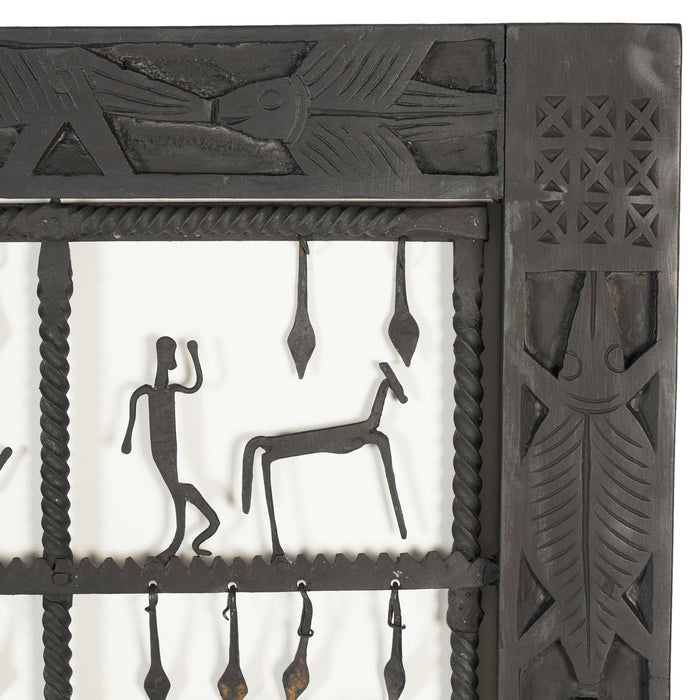 Dogon tribal hand forged rope twist iron window pane grill with figures (1900-25)
